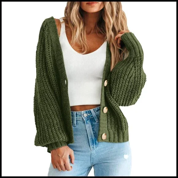 Chunky Knit Open Front Cardigan, Long Sleeve Button Loose Sweater, Women's - Picture 1 of 7